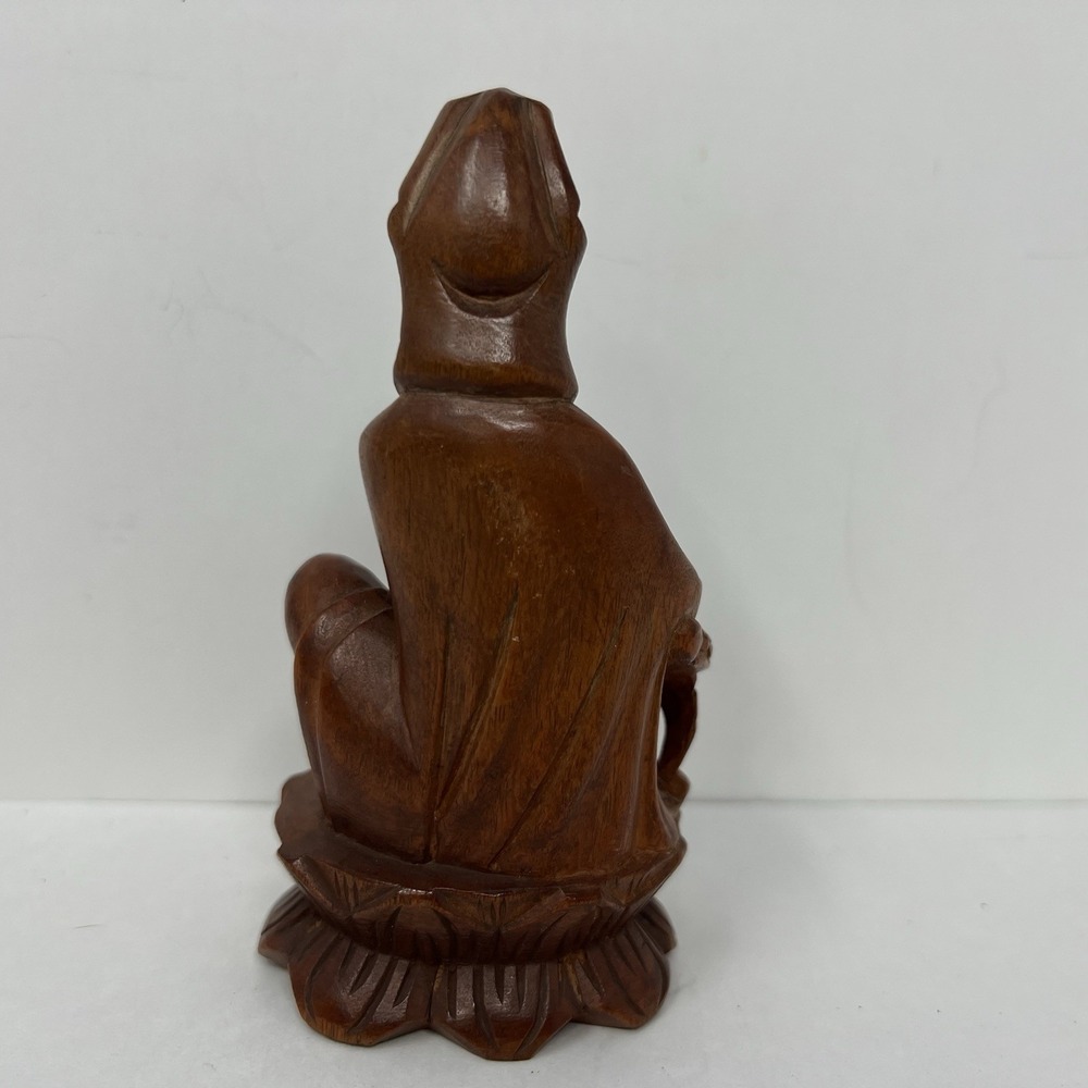 Hand Carved Wood Guanyin Bodhisattva Statuette Asian Royal Ease Pose Figure 4.8" - Picture 10 of 16